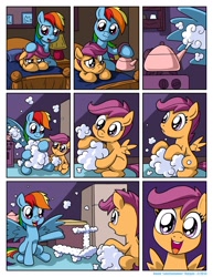 Size: 1276x1650 | Tagged: safe, artist:latecustomer, imported from derpibooru, rainbow dash, scootaloo, pegasus, pony, comic:dreams and reality, bed, cloud, comic, cute, cutealoo, dreams and reality, duo, female, filly, happy, kettle, mare, sad, scootaloo can't fly, scootalove, scooter, steam