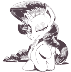 Size: 275x279 | Tagged: safe, artist:sunibee, imported from derpibooru, rarity, pony, female, lowres, monochrome, solo, wink