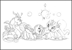 Size: 1100x776 | Tagged: safe, artist:zillford, imported from derpibooru, discord, princess celestia, princess luna, pony, cute, lineart, planet, woona, younger