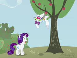 Size: 1024x768 | Tagged: safe, artist:dabestpony, imported from derpibooru, opalescence, rarity, cat, pony, unicorn, bread, buttered cat paradox, female, mare, open mouth, paradox, tree