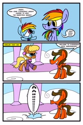 Size: 2362x3543 | Tagged: safe, artist:joeywaggoner, imported from derpibooru, ms. harshwhinny, rainbow blaze, rainbow dash, earth pony, pegasus, pony, games ponies play, cloudsdale, comic, falling through clouds, filly, fridge logic, misspelling, watch that first step it's a lulu