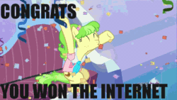 Size: 576x324 | Tagged: safe, edit, edited screencap, imported from derpibooru, screencap, chickadee, ms. peachbottom, games ponies play, animated, female, hub logo, male, reaction image, text, whistling