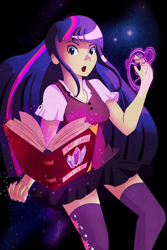 Size: 800x1200 | Tagged: safe, artist:windgear, imported from derpibooru, twilight sparkle, human, book, clothes, female, galaxy, humanized, magic, skirt, solo, thigh highs, zettai ryouiki