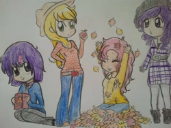 Size: 640x480 | Tagged: safe, artist:mylittlerennie, imported from derpibooru, applejack, pinkie pie, rarity, twilight sparkle, human, humanized, traditional art