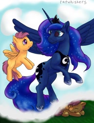 Size: 950x1237 | Tagged: safe, artist:ratwhiskers, imported from derpibooru, princess luna, scootaloo, dream, dream walker luna, duo, scootaloo can fly, scootaloo can't fly, sleeping