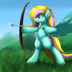 Size: 1000x1000 | Tagged: safe, artist:jinyaranda, imported from derpibooru, oc, oc only, pony, arrow, bipedal, bow (weapon), bow and arrow, dexterous hooves, weapon