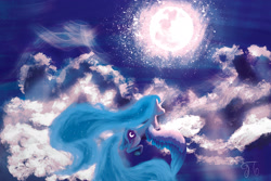 Size: 3000x2000 | Tagged: safe, artist:techtwotiger, imported from derpibooru, princess luna, pony, cloud, cloudy, female, moon, scenery, solo