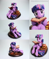 Size: 2093x2500 | Tagged: safe, artist:dustysculptures, imported from derpibooru, twilight sparkle, semi-anthro, unicorn, adorkable, book, book of harmony, cute, dork, female, hoof hold, lying down, mare, on back, sculpture, smiling, solo, that pony sure does love books