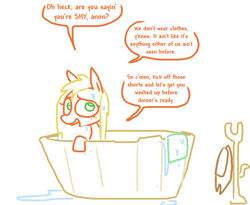 Size: 618x507 | Tagged: safe, artist:the weaver, artist:weaver, imported from derpibooru, applejack, oc, oc:anon, earth pony, pony, bath, bathing, bathtub, bronybait, dialogue, female, loose hair, mare, offscreen character, simple background, solo, wet mane, wet mane applejack, white background