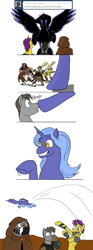 Size: 1230x3293 | Tagged: safe, artist:mistermech, artist:tytan, imported from derpibooru, derpy hooves, oc, oc:ilaris, alicorn, pony, zebra, fallout equestria, alicorn oc, alicornified, artificial alicorn, bipedal, blue alicorn (fo:e), boop, cloak, clothes, comic, derp, derpicorn, fanfic, fanfic art, female, grin, hooves, horn, mare, not luna, race swap, smiling, spear, spread wings, wings