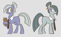 Size: 500x303 | Tagged: safe, artist:egophiliac, imported from derpibooru, limestone pie, marble pie, earth pony, pony, slice of pony life, clipboard, female, gray background, hoof hold, mare, necktie, older, pencil, raised hoof, simple background