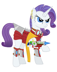 Size: 1400x1754 | Tagged: safe, artist:bonaxor, imported from derpibooru, rarity, pony, armor, armorarity, clothes, earring, female, gun, solo, weapon