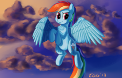 Size: 1196x768 | Tagged: safe, artist:tggeko, imported from derpibooru, rainbow dash, pegasus, pony, cloud, female, flying, mare, solo