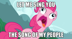 Size: 625x335 | Tagged: safe, edit, edited screencap, imported from derpibooru, screencap, pinkie pie, earth pony, pony, too many pinkie pies, clone, female, image macro, mare, open mouth, pinkie clone, pinkie frogmouth, solo, song of my people