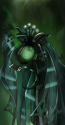 Size: 743x1433 | Tagged: safe, artist:helenflame, imported from derpibooru, queen chrysalis, changeling, changeling queen, angry, crown, female, glowing, glowing eyes, glowing horn, horn, jewelry, regalia, solo