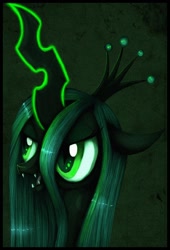 Size: 952x1402 | Tagged: safe, artist:grinu, artist:vongrell, imported from derpibooru, queen chrysalis, changeling, changeling queen, bust, crown, female, glowing horn, jewelry, regalia, solo