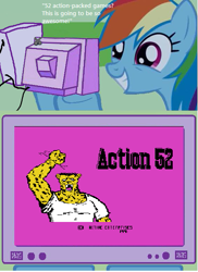 Size: 439x603 | Tagged: safe, imported from derpibooru, rainbow dash, action 52, cheetahmen, exploitable meme, meme, this will end in tears, tv meme