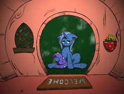 Size: 1149x873 | Tagged: safe, artist:j5furry, artist:joey darkmeat, imported from derpibooru, trixie, pony, unicorn, crying, doormat, female, golden oaks library, homeless, library, mare, rain, sad, solo