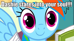 Size: 1280x716 | Tagged: safe, edit, edited screencap, imported from derpibooru, screencap, rainbow dash, pony, read it and weep, book, caption, eyes, female, image macro, meme, solo, soul, stare, staring into your soul