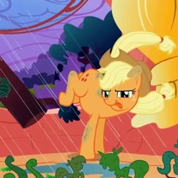 Size: 526x525 | Tagged: safe, imported from derpibooru, screencap, applejack, earth pony, pony, look before you sleep, bucking, cropped, female, mare, rain, silly, silly pony, solo, tongue out, tree branch, who's a silly pony