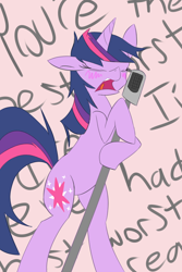 Size: 660x990 | Tagged: safe, artist:lou3797, imported from derpibooru, twilight sparkle, pony, unicorn, bipedal, drunk, drunk twilight, eyes closed, female, mare, singing, solo