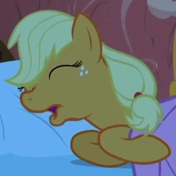 Size: 376x377 | Tagged: safe, imported from derpibooru, screencap, applejack, pony, look before you sleep, cropped, eyes closed, female, mare, open mouth, snoring, solo