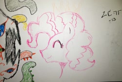 Size: 960x646 | Tagged: safe, artist:wayforger, deleted from derpibooru, imported from derpibooru, pinkie pie, crown, eldritch abomination, smiling, tentacles, traditional art