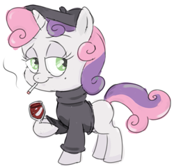 Size: 625x600 | Tagged: safe, artist:corwin, imported from derpibooru, sweetie belle, pony, unicorn, beret, cigarette, clothes, filly, french, sweater, turtleneck, wine glass, wip