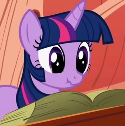 Size: 477x478 | Tagged: safe, imported from derpibooru, screencap, twilight sparkle, pony, unicorn, look before you sleep, book, cropped, female, golden oaks library, mare, scrunchy face, solo, unicorn twilight