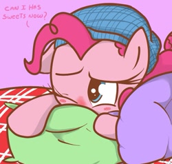 Size: 635x605 | Tagged: safe, artist:nolycs, imported from derpibooru, pinkie pie, pony, ask pinkie and berry, bed, cute, dialogue, diapinkes, female, hat, nightcap, one eye closed, pillow, sick, solo