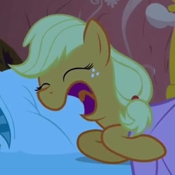 Size: 409x410 | Tagged: safe, imported from derpibooru, screencap, applejack, pony, look before you sleep, cropped, eyes closed, female, mare, open mouth, snoring, solo