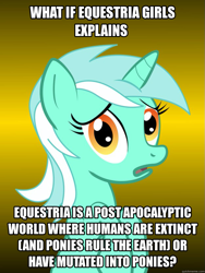Size: 625x833 | Tagged: safe, imported from derpibooru, lyra heartstrings, equestria girls, conspiracy lyra, exploitable meme, meme, post-apocalyptic