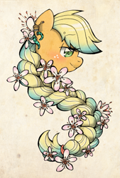 Size: 1343x1992 | Tagged: safe, artist:akikodestroyer, imported from derpibooru, applejack, pony, alternate hairstyle, braid, ear piercing, earring, female, flower, portrait, solo