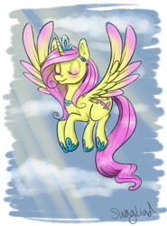 Size: 887x1200 | Tagged: safe, artist:vengefulwolf74, imported from derpibooru, fluttershy, alicorn, pony, alicornified, crown, female, fluttercorn, flying, race swap, solo