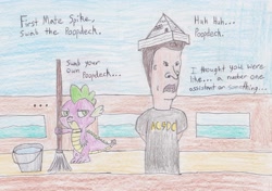 Size: 2948x2077 | Tagged: safe, artist:darkknightwolf2011, imported from derpibooru, spike, beavis and butthead, bucket, butthead, crossover, hat, mop, paper hat, ship, traditional art