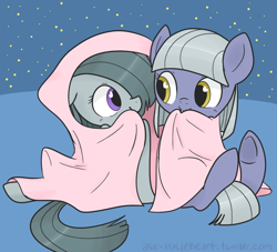 Size: 962x875 | Tagged: safe, artist:inkie-heart, imported from derpibooru, limestone pie, marble pie, pony, blanket, cute, female, filly, heart eyes, limabetes, marblebetes, siblings, sisters, smiling, sweet dreams fuel, underhoof, when she smiles, wingding eyes, younger