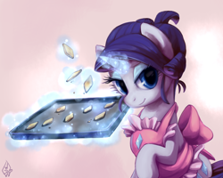 Size: 2500x2000 | Tagged: safe, artist:whitediamonds, imported from derpibooru, rarity, pony, unicorn, alternate hairstyle, apron, baking, bedroom eyes, clothes, cookie, cute, female, food, high res, looking at you, magic, mare, raribetes, smiling, solo