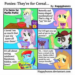 Size: 3000x3026 | Tagged: safe, artist:happybunns, imported from derpibooru, applejack, derpy hooves, fluttershy, pipsqueak, rainbow dash, scootaloo, sweetie belle, pegasus, pony, cereal, comic, female, humor, mare, product placement, smiling