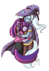 Size: 837x1203 | Tagged: safe, artist:mitsemegalotis, imported from derpibooru, trixie, twilight sparkle, anthro, female, hug, human facial structure, lesbian, shipping, twixie