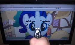 Size: 3264x1952 | Tagged: safe, imported from derpibooru, rarity, 4chan, bacon lube, edgy, firefox, gun, irl, linux, looking at you, ow the edge, photo, tab humor