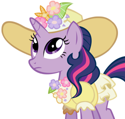Size: 1104x1052 | Tagged: safe, artist:purplefairy456, imported from derpibooru, twilight sparkle, pony, unicorn, friendship is magic, alternate hairstyle, clothes, dress, female, hat, simple background, solo, too yellow, transparent background, unicorn twilight, vector