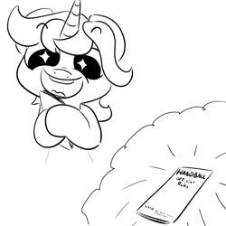 Size: 1000x1000 | Tagged: safe, artist:full stop, imported from derpibooru, lyra heartstrings, pony, black and white, female, grayscale, human fetish, humie, leaflet, monochrome, simple background, smiling, solo, starry eyes, white background, wingding eyes