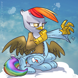 Size: 1285x1291 | Tagged: safe, artist:atryl, imported from derpibooru, gilda, rainbow dash, griffon, 30 minute art challenge, cloud, cloudy, colored eyelashes, cosplay, costume