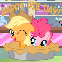 Size: 800x800 | Tagged: safe, artist:sketchyjackie, imported from derpibooru, applejack, pinkie pie, earth pony, pony, apple, apple pie, duo, duo female, female, filly, filly applejack, filly pinkie pie, floppy ears, food, my little filly, one eye closed, open mouth, pi day, pie, pun, smiling, visual pun, wink, younger