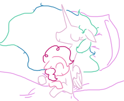 Size: 702x576 | Tagged: safe, artist:the weaver, artist:weaver, imported from derpibooru, pinkie pie, princess celestia, bed, bed mane, cuddling, momlestia, simple background, sleeping, white background