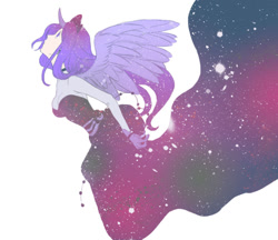 Size: 770x666 | Tagged: safe, artist:zoe-productions, imported from derpibooru, princess luna, human, clothes, dress, female, horned humanization, humanized, simple background, solo, space, surreal, the cosmos, winged humanization
