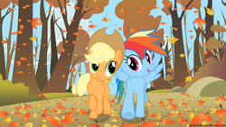 Size: 1920x1080 | Tagged: safe, artist:gratlofatic, imported from derpibooru, applejack, rainbow dash, fall weather friends, autumn, duo, female, leaves, running of the leaves, vector