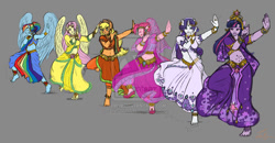 Size: 10683x5575 | Tagged: safe, artist:zabchan, imported from derpibooru, applejack, fluttershy, pinkie pie, rainbow dash, rarity, twilight sparkle, human, barefoot, barefoot sandals, belly button, belly dancer, bollywood, clothes, dancing, dress, eared humanization, feet, hand, horned humanization, humanized, india, indian, mane six, midriff, pony coloring, winged humanization