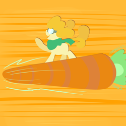 Size: 800x800 | Tagged: safe, artist:perrydotto, imported from derpibooru, carrot top, golden harvest, pony, carrot, clothes, cute, cutie top, female, goggles, macro, riding, rocket, scarf, solo, wat
