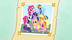 Size: 763x420 | Tagged: safe, edit, imported from derpibooru, applejack, fluttershy, pinkie pie, rainbow dash, rarity, spike, twilight sparkle, corporate photo, group, group photo, group shot, mane six, mane six opening poses, scroll